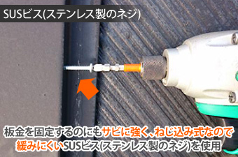板金を固定するのにもサビに強く、ねじ込み式なので緩みにくいSUSビス(ステンレス製のネジ)