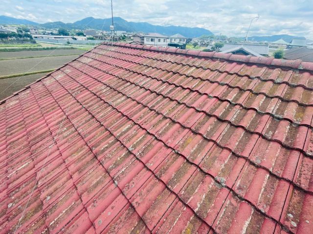 粕屋町の苔だらけのモニエル瓦の屋根