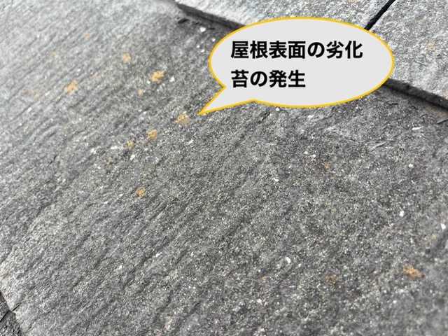 糸島市の屋根カバー工法、屋根表面の劣化、苔の発生