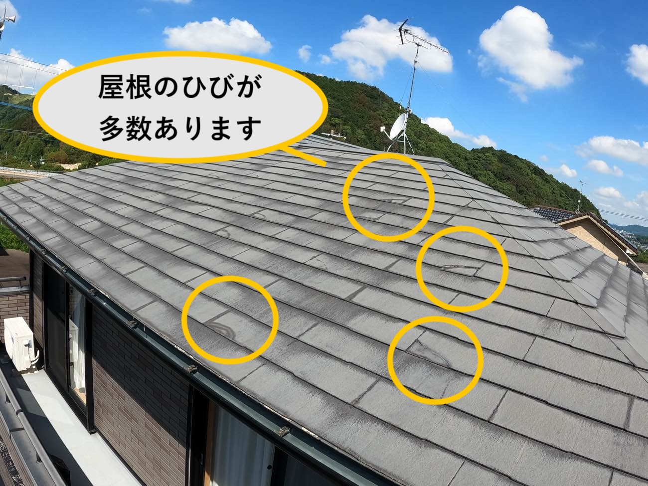 屋根に多数発生していたひび割れ
