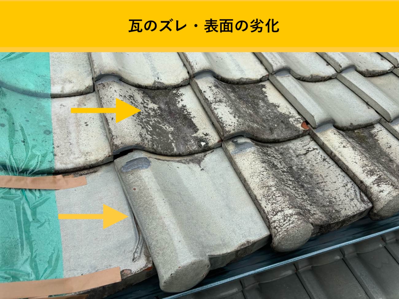 瓦のズレと表面の劣化が進行している