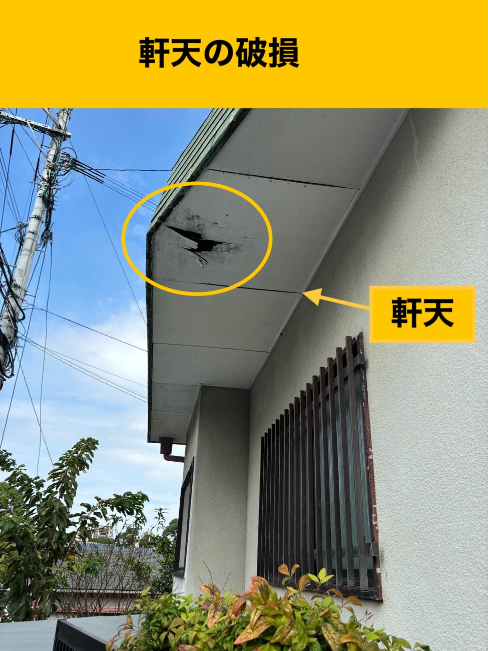 福岡市中央区の屋根工事、軒天井の破損