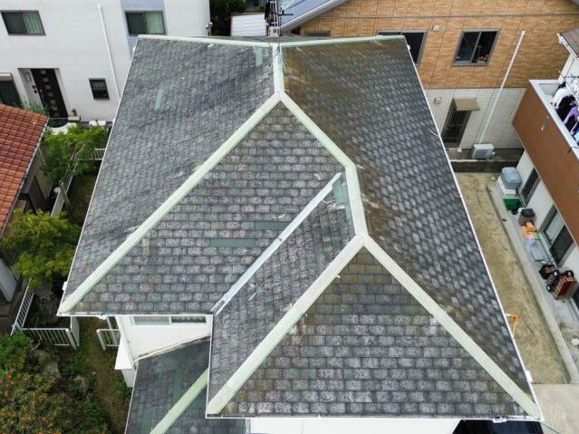 糸島市にて苔とカビが気になるスレート屋根の調査。カバー工法による改修工事をご提案