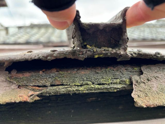 志免町の苔が生えた金属屋根