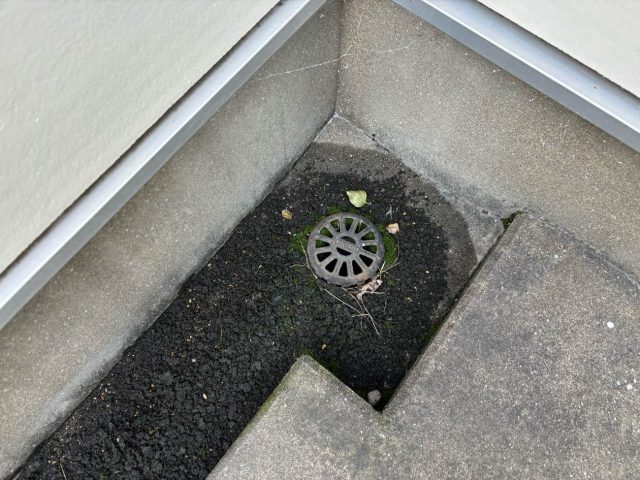 粕屋町の苔が生え詰まりかけたベランダ排水口