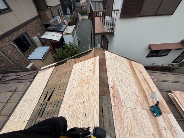 志免町で新しい野地板を設置中