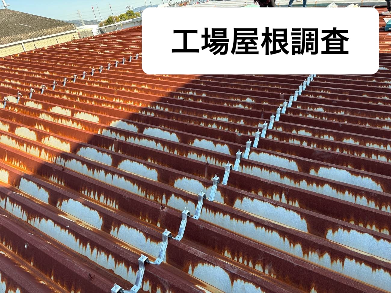 糸島市の工場オーナー様へ。工場屋根のサビによる老朽化を調査｜折半屋根の穴あきを確認