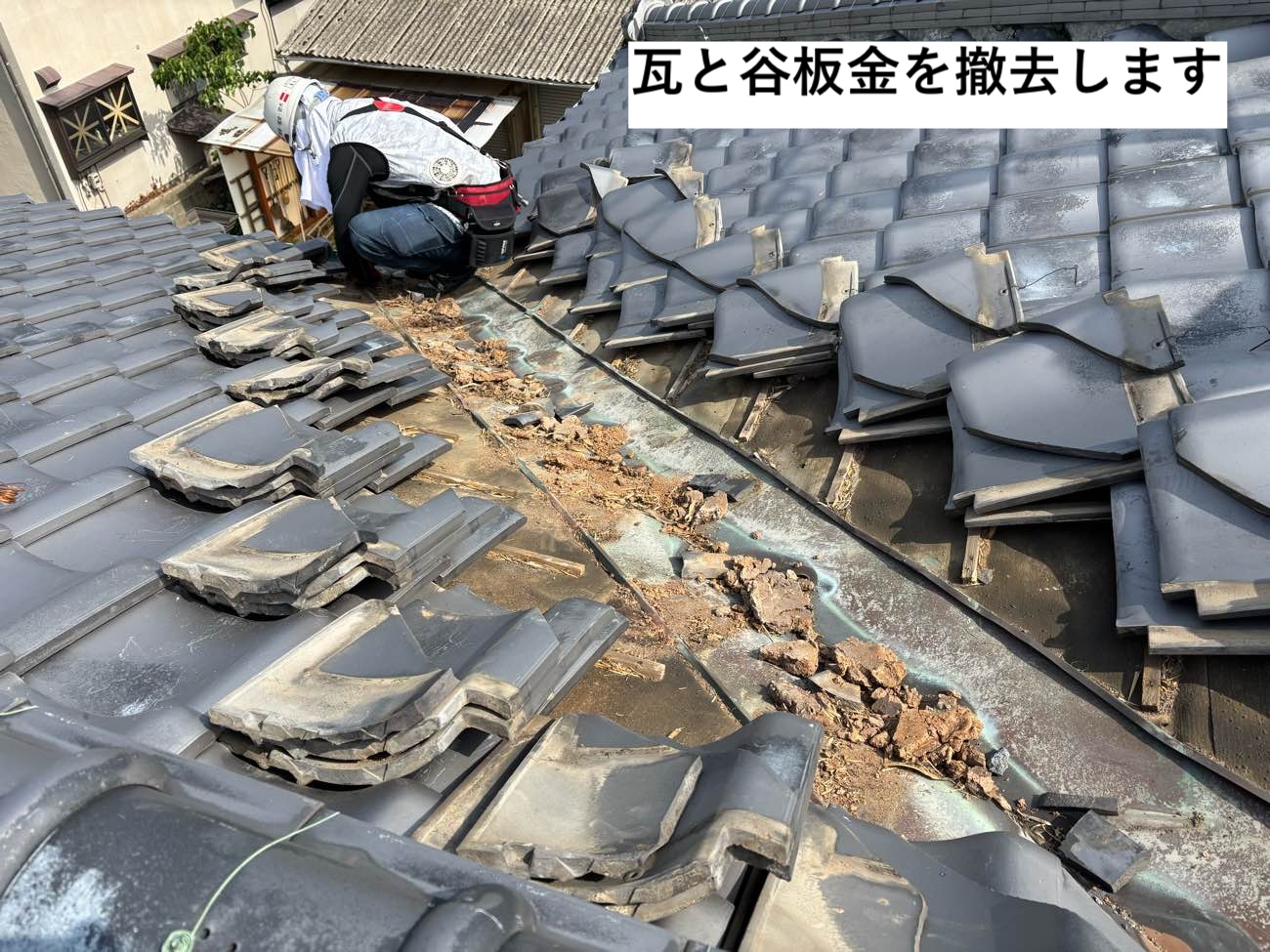 既存屋根と谷板金の撤去