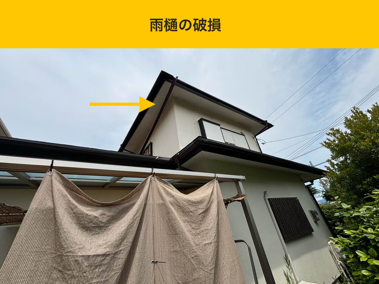 軒樋の破損箇所（垂れ下がり）をチェック