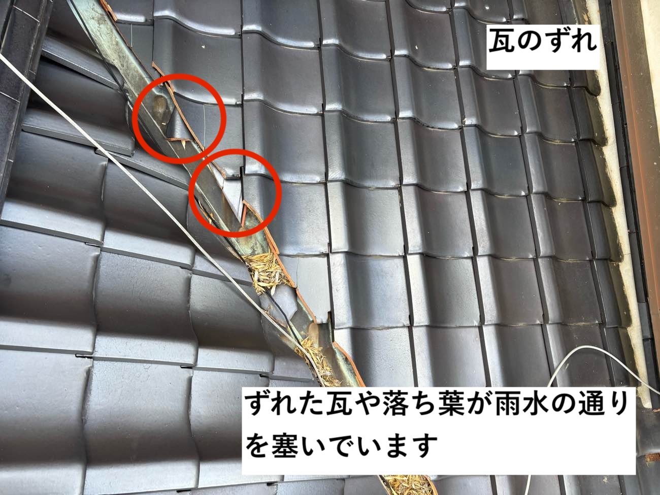 瓦や落ち葉が谷板金を塞いでいる