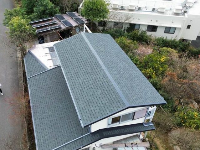 福岡市西区でカバー工事完了ドローン写真