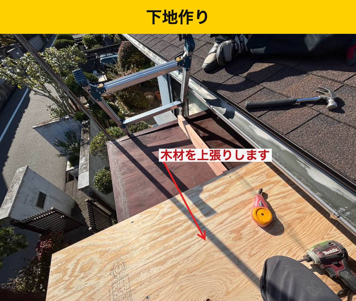 木下地をつくり、野地板を上張りしました