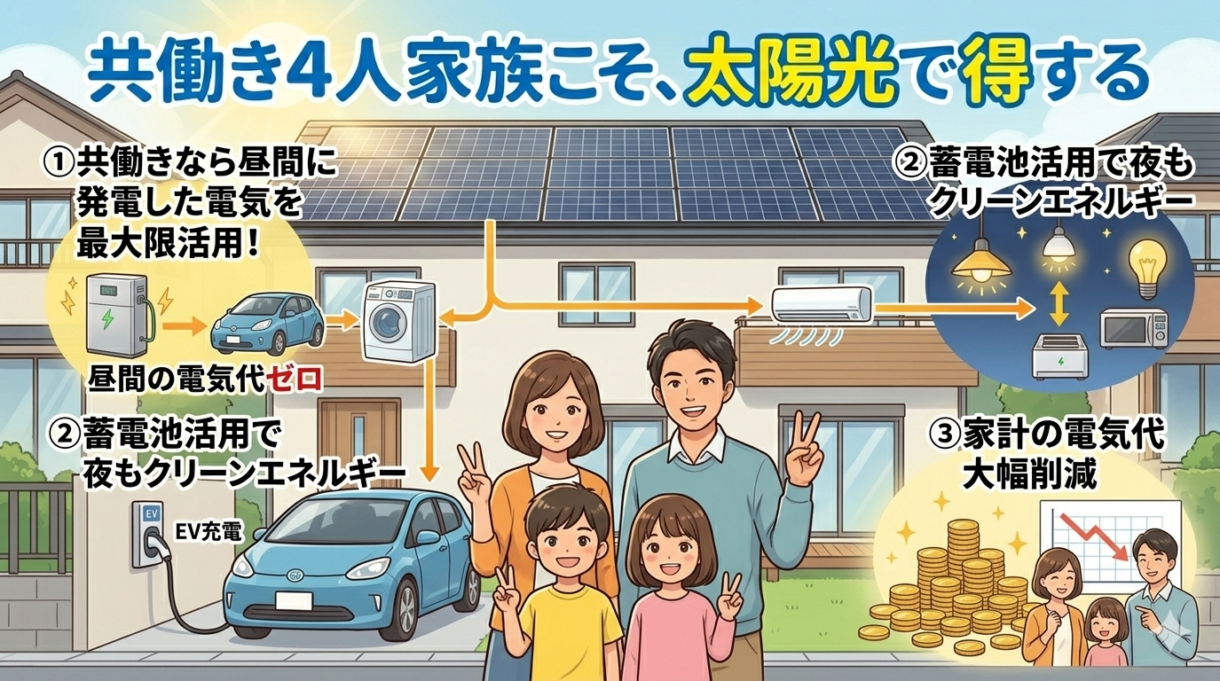 【福岡市】太陽光リフォームガイド「共働き・4人家族」日中家にいないからこそ太陽光リフォームがおすすめ！