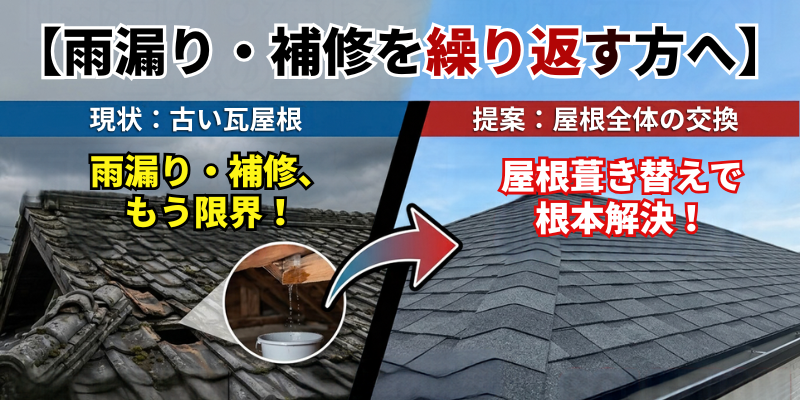 【福岡市】古い瓦屋根で雨漏りや補修を繰り返し、屋根全体の交換を検討している方へ「屋根葺き替え事例」