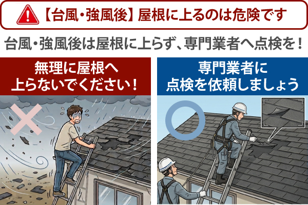 【台風・強風後】 屋根に上るのは危険です。台風・強風後は屋根に上らず、専門業者へ点検を！