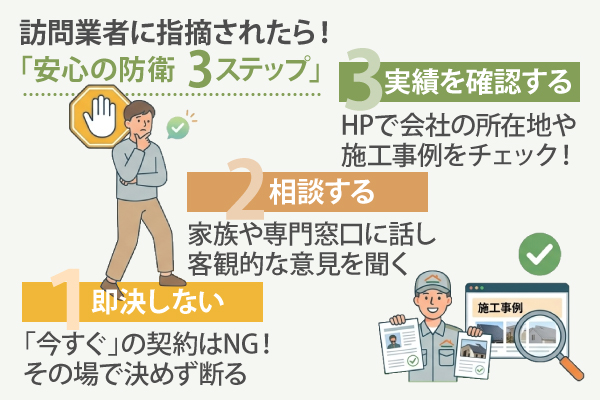 訪問業者に指摘されたら！「安心の防衛 3 ステップ」①即決しない②相談する③実績を確認する