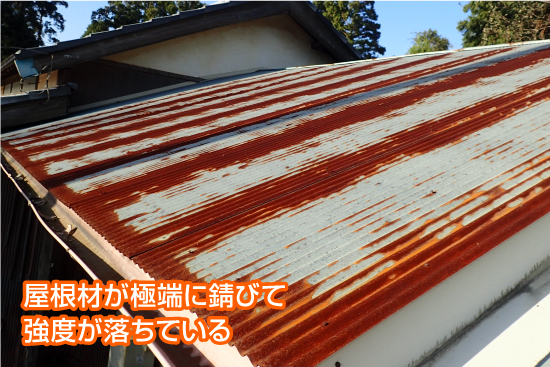 屋根材が極端に錆びて強度が落ちている